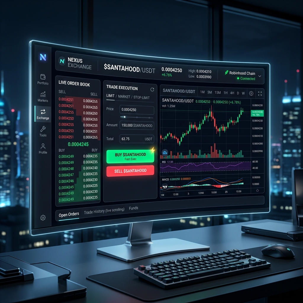 Santro Exchange trading platform interface showing live charts and order book